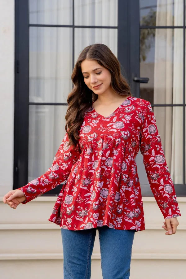 Sky_Blue_And_Red_Floral_Print_V-Neck_Long_Sleeve_And_Floral_Print_Gathered_Tunic_Top_For_Women