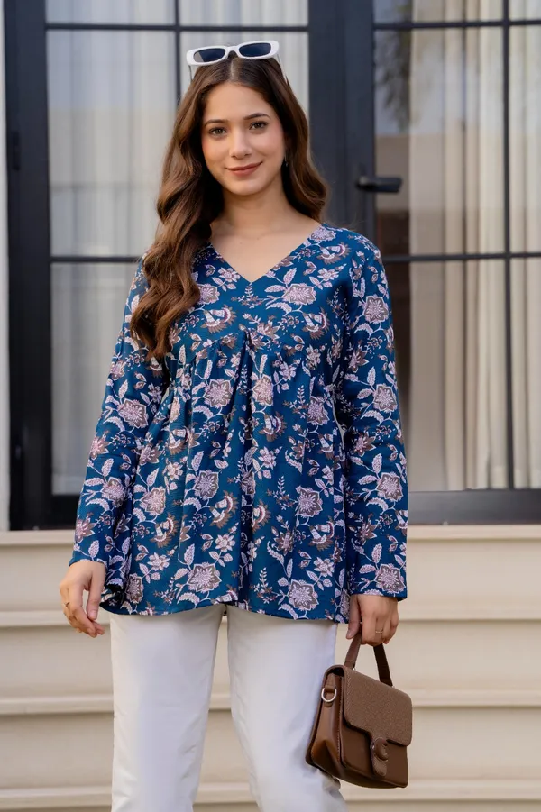 Lime_Green_And_Blue_Floral_Print_V-Neck_Gathered_And_Floral_Print_Long_Sleeve_V-Neck_Tunic_Top_For_Women