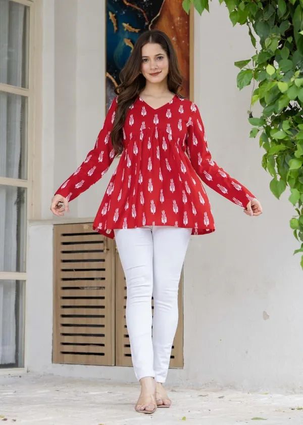 Red_Floral_Print_V-Neck_Long_Sleeve_Women_Top_And_Red_Printed_V-Neck_Long_Sleeve_Cotton_Tunic_Top_For_Women