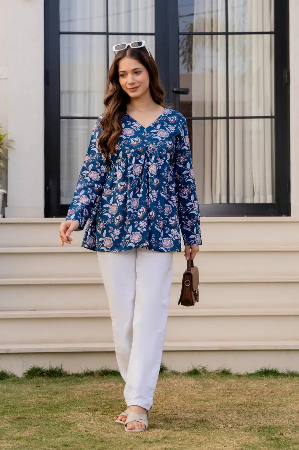Lime_Green_And_Blue_Floral_Print_V-Neck_Gathered_And_Floral_Print_Long_Sleeve_V-Neck_Tunic_Top_For_Women