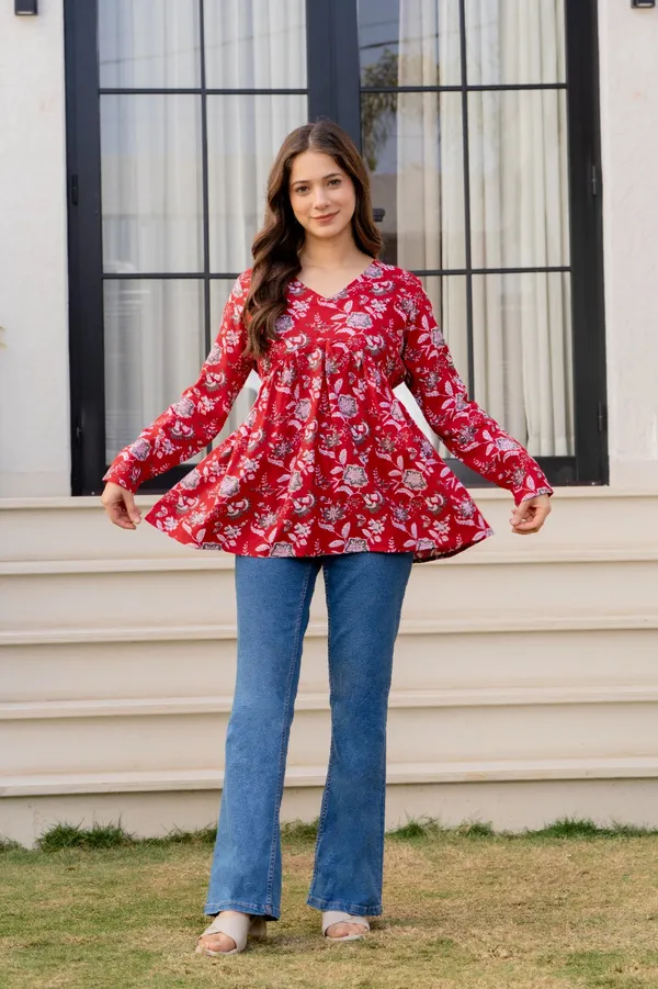 Sky_Blue_And_Red_Floral_Print_V-Neck_Long_Sleeve_And_Floral_Print_Gathered_Tunic_Top_For_Women