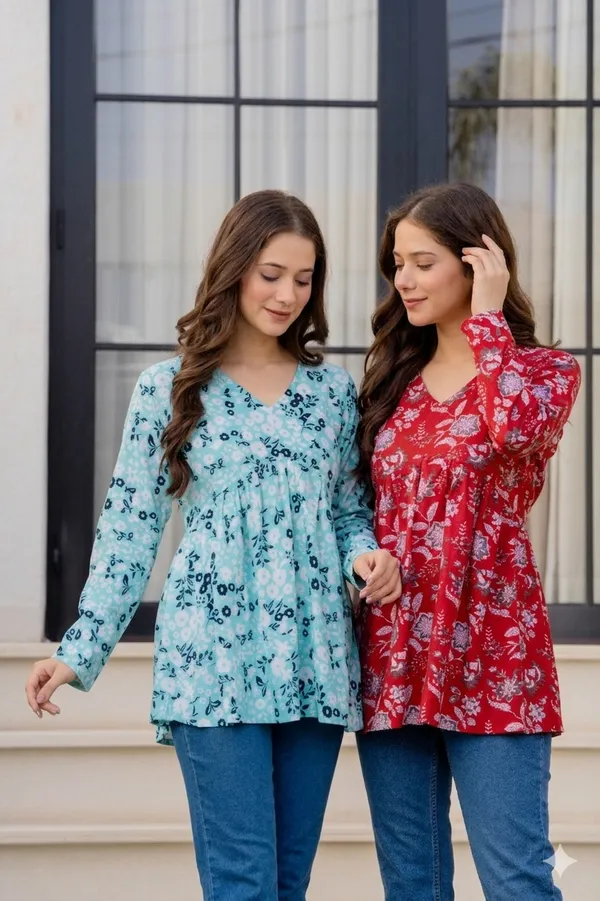 Sky_Blue_And_Red_Floral_Print_V-Neck_Long_Sleeve_And_Floral_Print_Gathered_Tunic_Top_For_Women