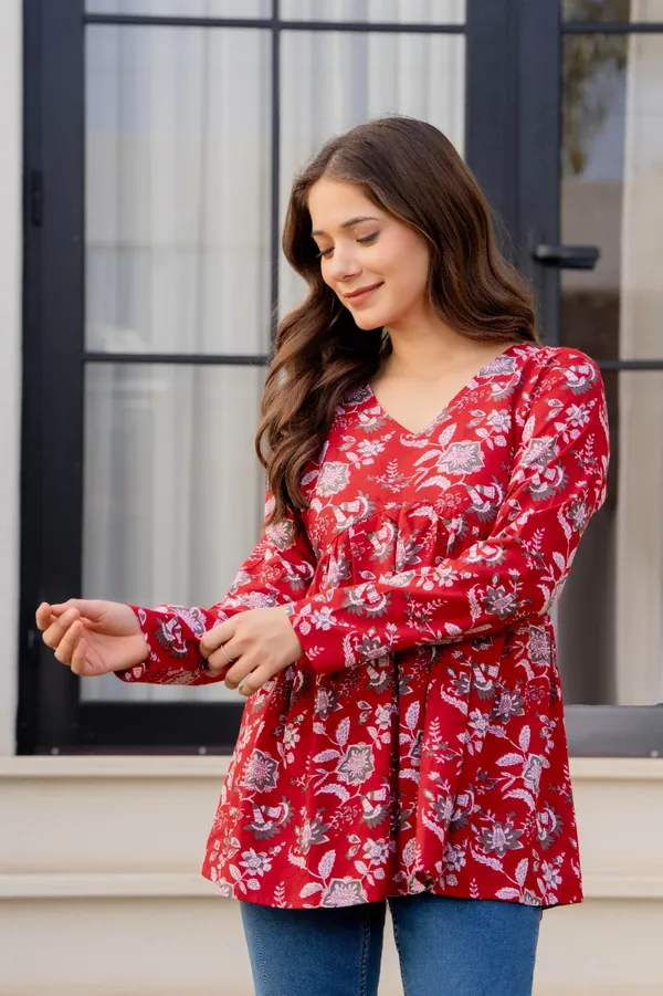 Sky_Blue_And_Red_Floral_Print_V-Neck_Long_Sleeve_And_Floral_Print_Gathered_Tunic_Top_For_Women