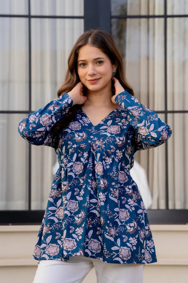 Lime_Green_And_Blue_Floral_Print_V-Neck_Gathered_And_Floral_Print_Long_Sleeve_V-Neck_Tunic_Top_For_Women