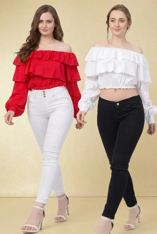 White_Off-Shoulder_Ruffle_Crop_Top_And_Red_Off-Shoulder_Ruffle_Top_With_Long_Sleeves