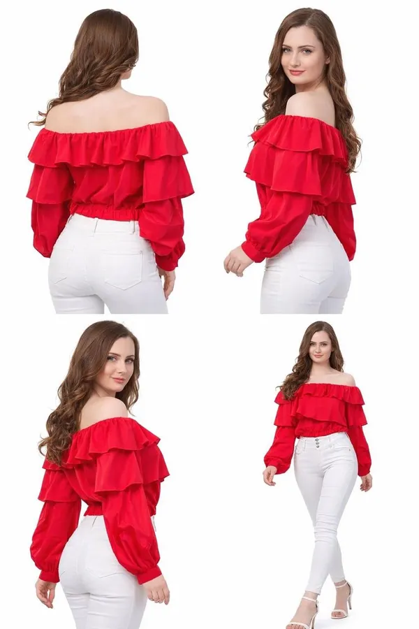 White_Off-Shoulder_Ruffle_Crop_Top_And_Red_Off-Shoulder_Ruffle_Top_With_Long_Sleeves