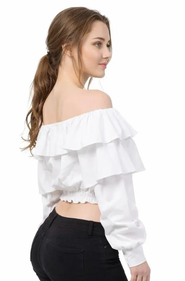 White_Off-Shoulder_Ruffle_Crop_Top_And_Red_Off-Shoulder_Ruffle_Top_With_Long_Sleeves