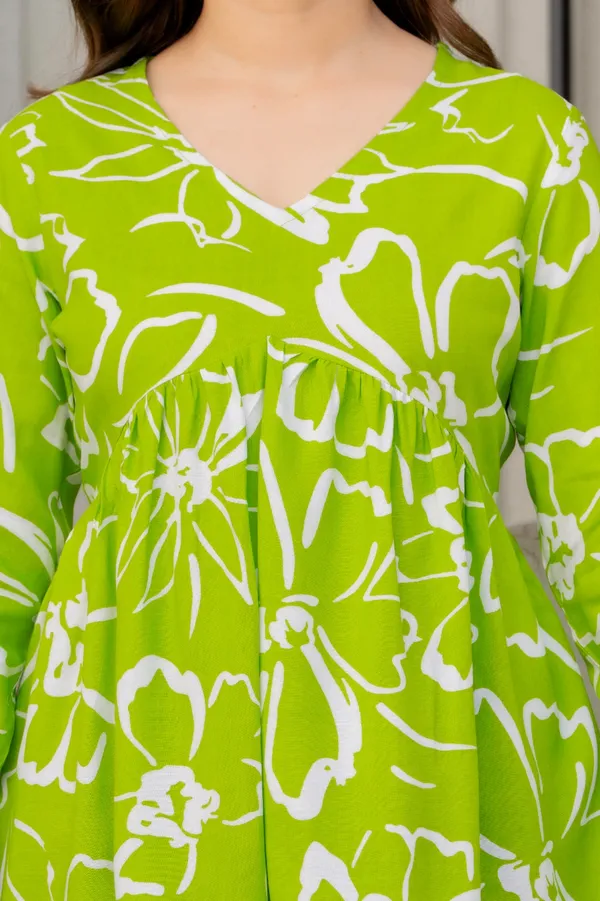 Lime_Green_And_Blue_Floral_Print_V-Neck_Gathered_And_Floral_Print_Long_Sleeve_V-Neck_Tunic_Top_For_Women