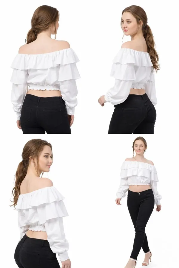 White_Off-Shoulder_Ruffle_Crop_Top_And_Red_Off-Shoulder_Ruffle_Top_With_Long_Sleeves