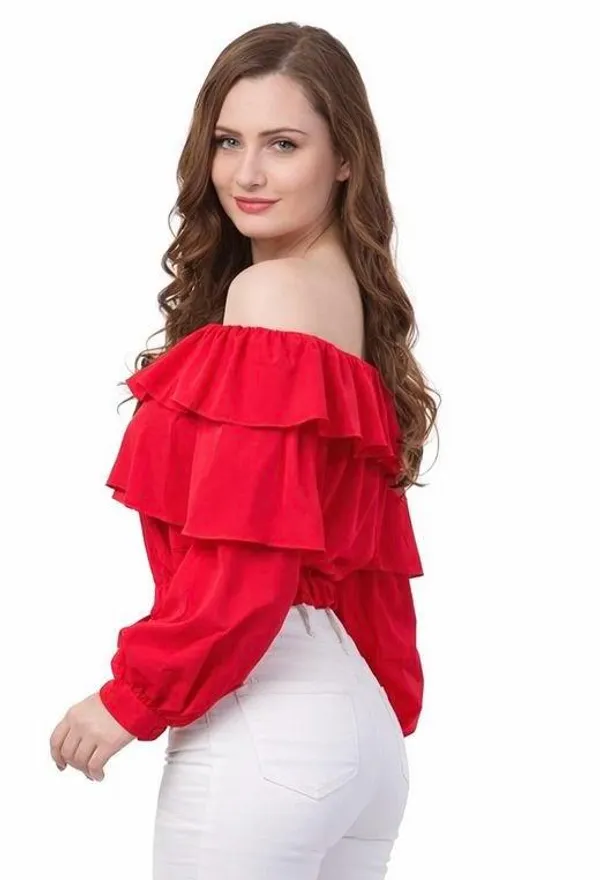White_Off-Shoulder_Ruffle_Crop_Top_And_Red_Off-Shoulder_Ruffle_Top_With_Long_Sleeves