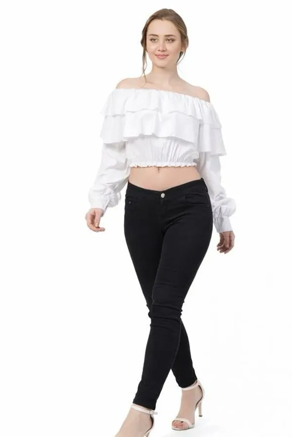 White_Off-Shoulder_Ruffle_Crop_Top_And_Red_Off-Shoulder_Ruffle_Top_With_Long_Sleeves