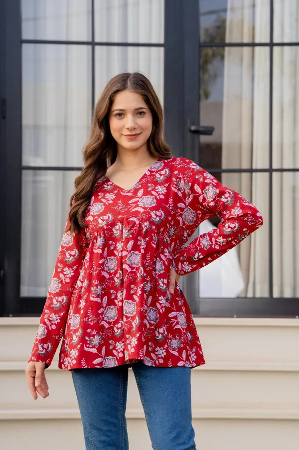 Sky_Blue_And_Red_Floral_Print_V-Neck_Long_Sleeve_And_Floral_Print_Gathered_Tunic_Top_For_Women