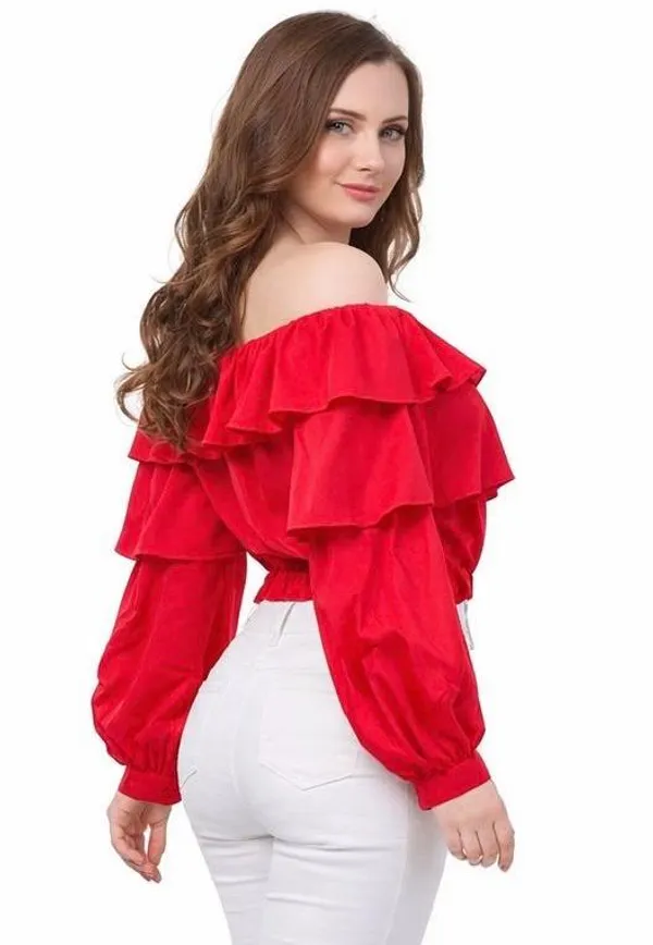 White_Off-Shoulder_Ruffle_Crop_Top_And_Red_Off-Shoulder_Ruffle_Top_With_Long_Sleeves