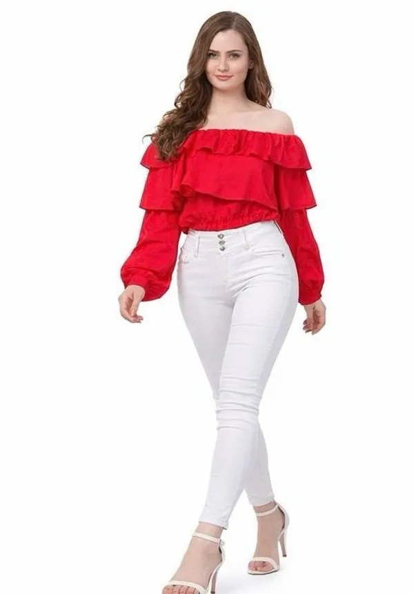 White_Off-Shoulder_Ruffle_Crop_Top_And_Red_Off-Shoulder_Ruffle_Top_With_Long_Sleeves