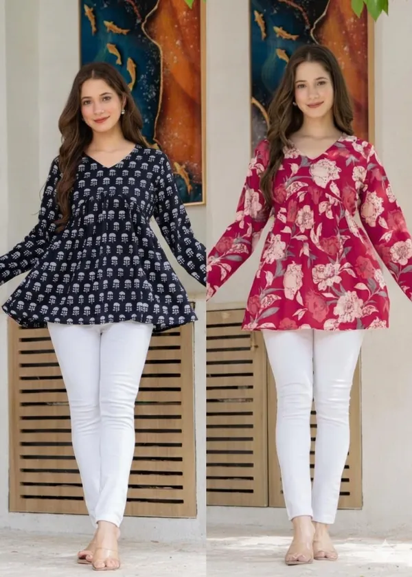 Pink_And_Black_Floral_Print_V-Neck_Long_Sleeve_Top_And_Printed_Gathered_Tunic_Top_For_Women