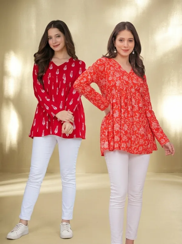 Red_Floral_Print_V-Neck_Long_Sleeve_Women_Top_And_Red_Printed_V-Neck_Long_Sleeve_Cotton_Tunic_Top_For_Women
