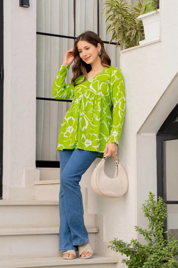 Lime_Green_And_Blue_Floral_Print_V-Neck_Gathered_And_Floral_Print_Long_Sleeve_V-Neck_Tunic_Top_For_Women