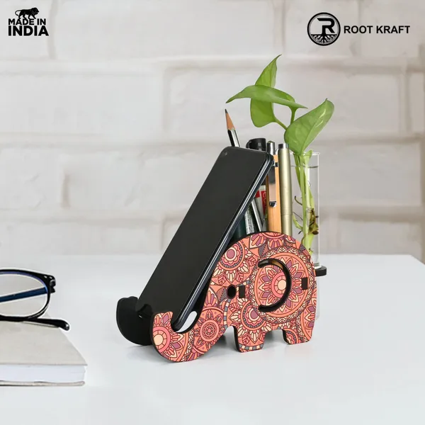 Elephant_Shaped_Wooden_Pen_Holder_Mobile_Stand_Mandala_Art_Design_Also_With_Test_Tube_Planter
