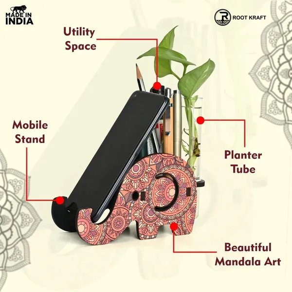 Elephant_Shaped_Wooden_Pen_Holder_Mobile_Stand_Mandala_Art_Design_Also_With_Test_Tube_Planter