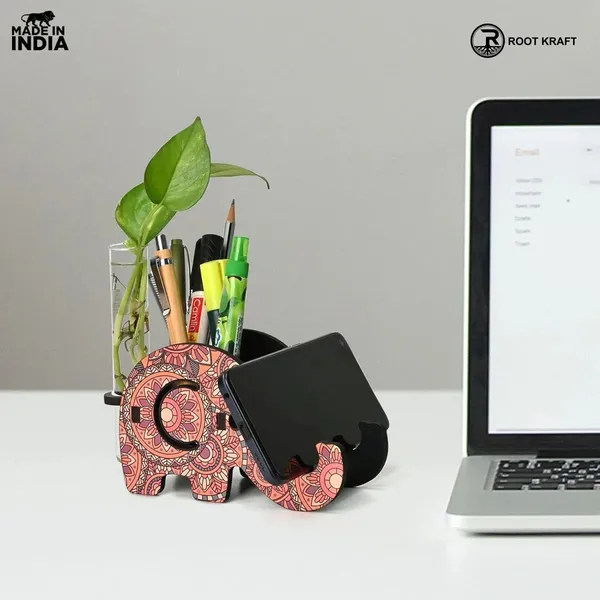 Elephant_Shaped_Wooden_Pen_Holder_Mobile_Stand_Mandala_Art_Design_Also_With_Test_Tube_Planter