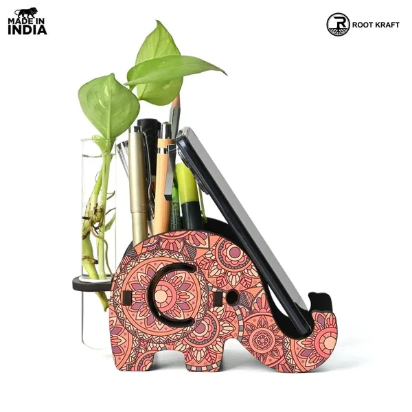 Elephant_Shaped_Wooden_Pen_Holder_Mobile_Stand_Mandala_Art_Design_Also_With_Test_Tube_Planter
