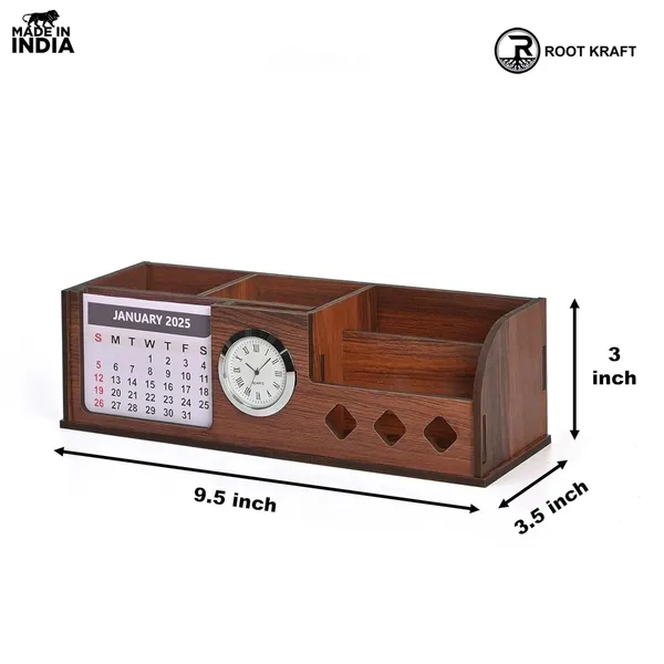 Wooden_Desk_Organizer_With_Calendar_Clock_And_4_Compartments_For_Stationery_Mobile_And_Remote_Tabletop_Organizer_For_Office_And_Home_Use