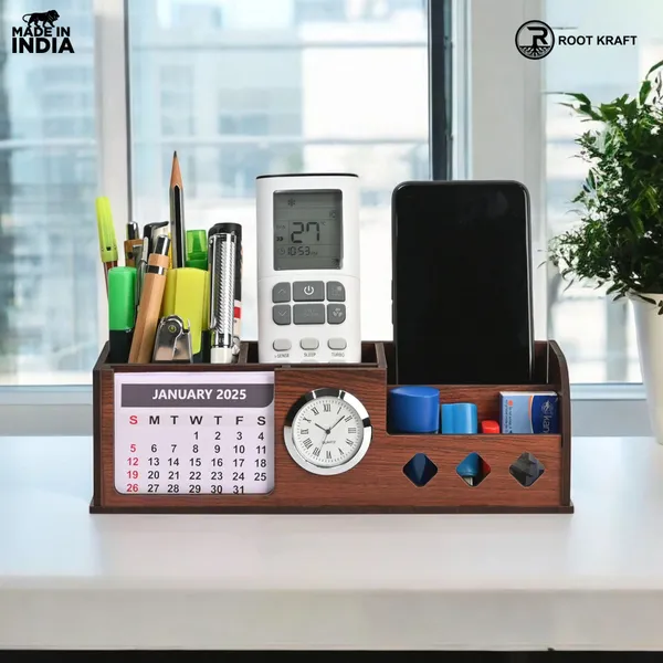 Wooden_Desk_Organizer_With_Calendar_Clock_And_4_Compartments_For_Stationery_Mobile_And_Remote_Tabletop_Organizer_For_Office_And_Home_Use