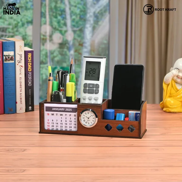 Wooden_Desk_Organizer_With_Calendar_Clock_And_4_Compartments_For_Stationery_Mobile_And_Remote_Tabletop_Organizer_For_Office_And_Home_Use