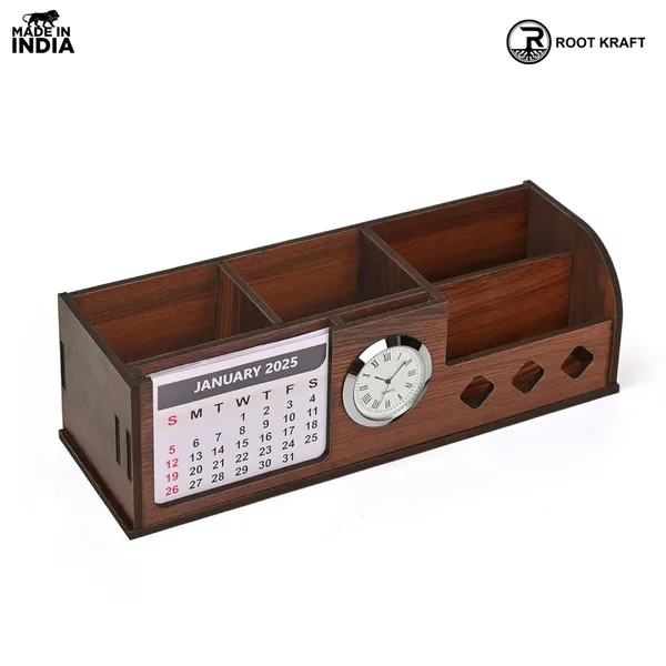 Wooden_Desk_Organizer_With_Calendar_Clock_And_4_Compartments_For_Stationery_Mobile_And_Remote_Tabletop_Organizer_For_Office_And_Home_Use