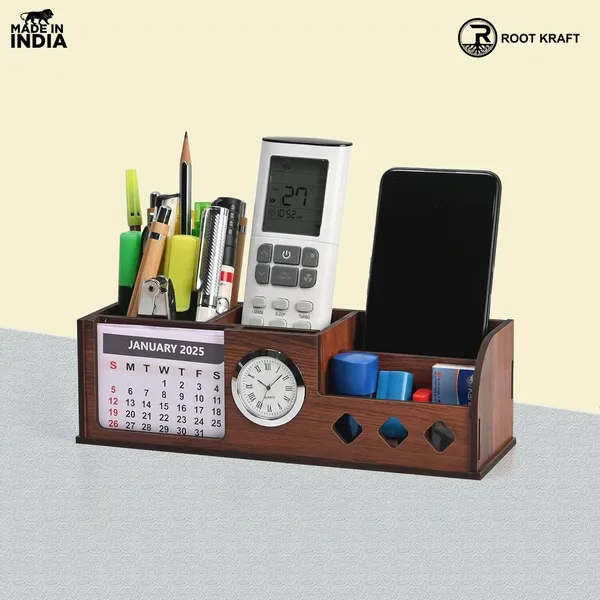 Wooden_Desk_Organizer_With_Calendar_Clock_And_4_Compartments_For_Stationery_Mobile_And_Remote_Tabletop_Organizer_For_Office_And_Home_Use
