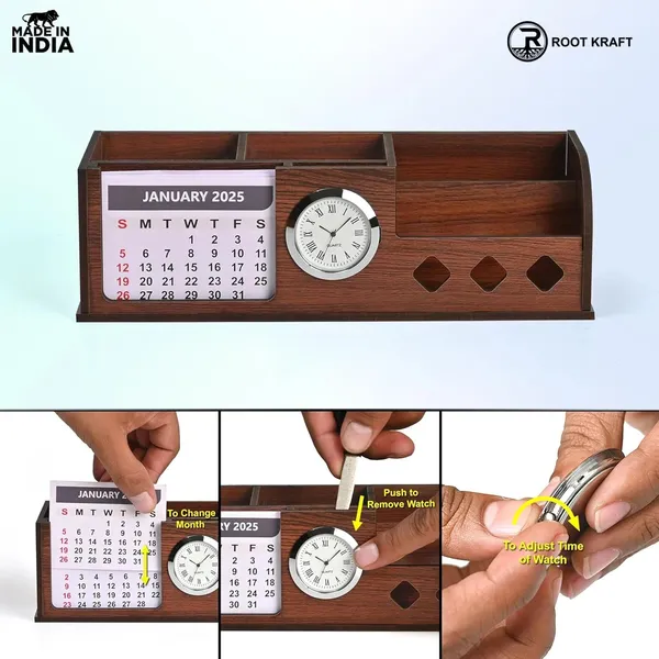 Wooden_Desk_Organizer_With_Calendar_Clock_And_4_Compartments_For_Stationery_Mobile_And_Remote_Tabletop_Organizer_For_Office_And_Home_Use