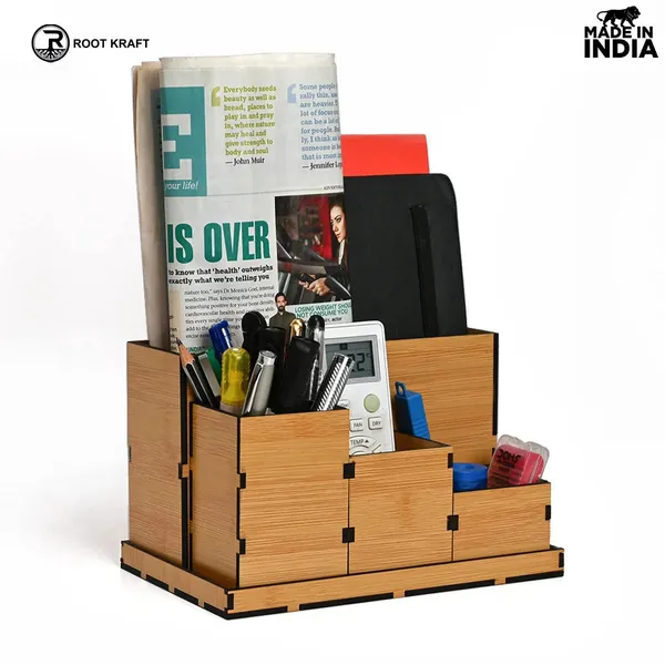 Wooden_Multipurpose_Desk_Organizer_Table_Clock_4_Compartment_Organizer