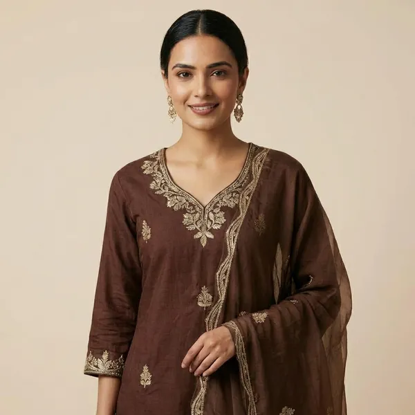 Chocolate_Brown_Cotton_Premium_Kurta_Set_For_Women