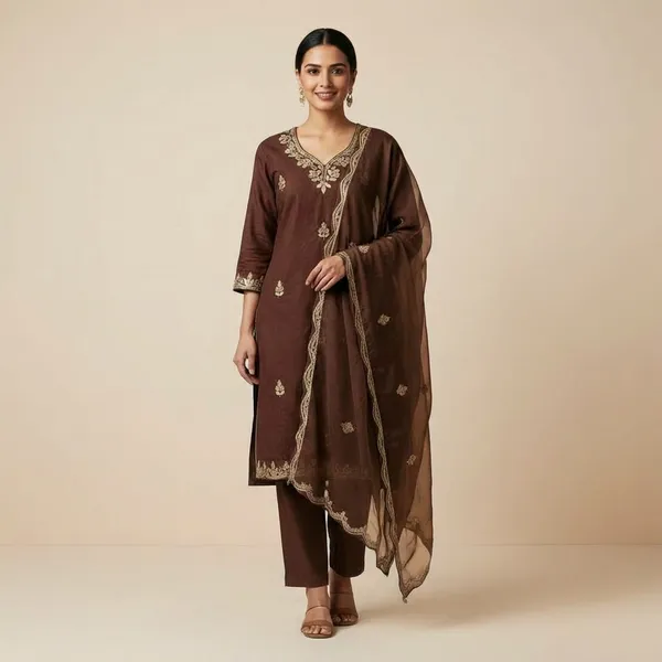 Chocolate_Brown_Cotton_Premium_Kurta_Set_For_Women
