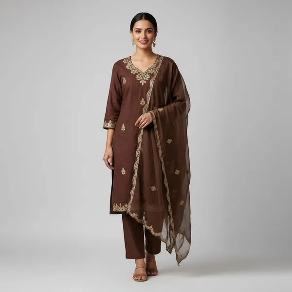 Chocolate_Brown_Cotton_Premium_Kurta_Set_For_Women