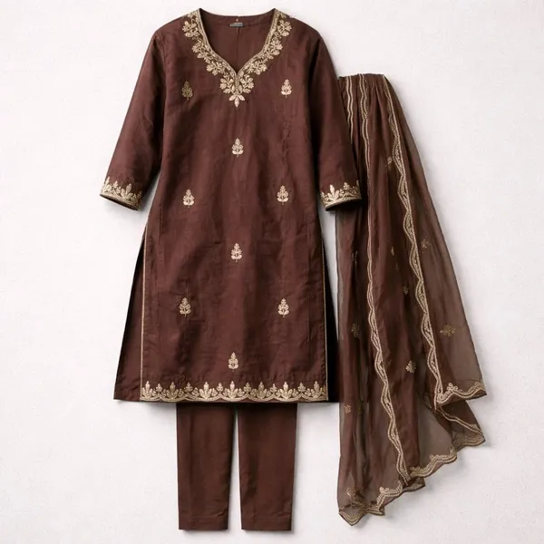Chocolate_Brown_Cotton_Premium_Kurta_Set_For_Women