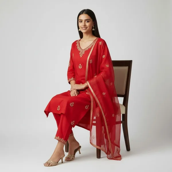 Red_Cotton_Premium_Kurta_Set_For_Women