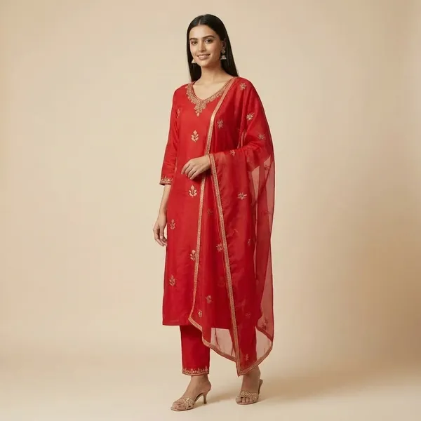 Red_Cotton_Premium_Kurta_Set_For_Women
