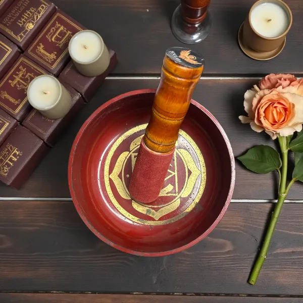 Brass_Singing_Bowl_Red_Colour_With_Root_Chakra_Symbol