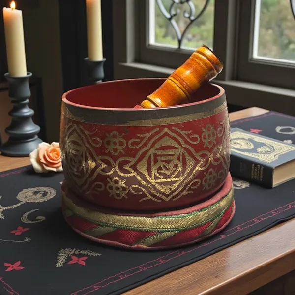 Brass_Singing_Bowl_Red_Colour_With_Root_Chakra_Symbol