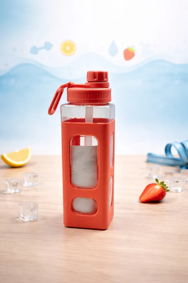 Red_And_Cream_Glass_Water_Bottle_With_Silicone_Sleeve_And_Flip_Top_Lid