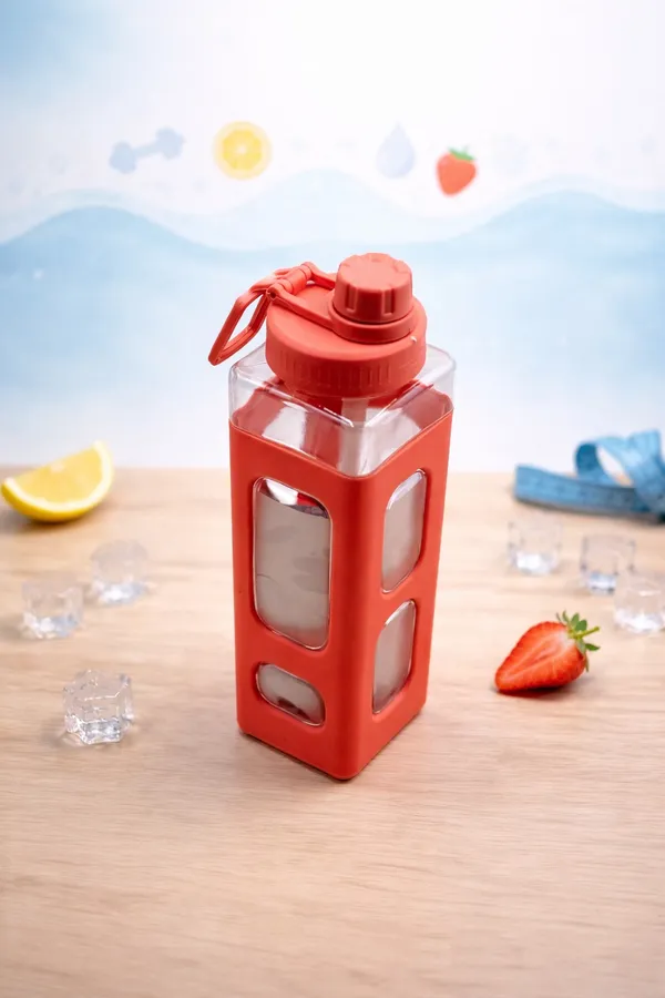 Red_And_Cream_Glass_Water_Bottle_With_Silicone_Sleeve_And_Flip_Top_Lid
