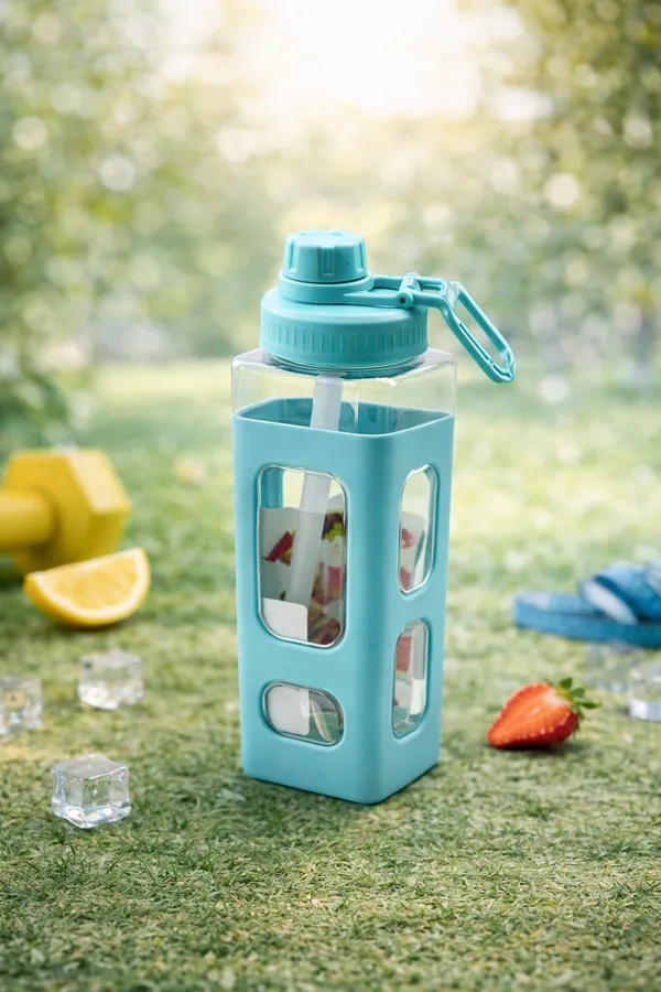 Blue_Glass_Water_Bottle_With_Protective_Silicone_Sleeve_And_Handle