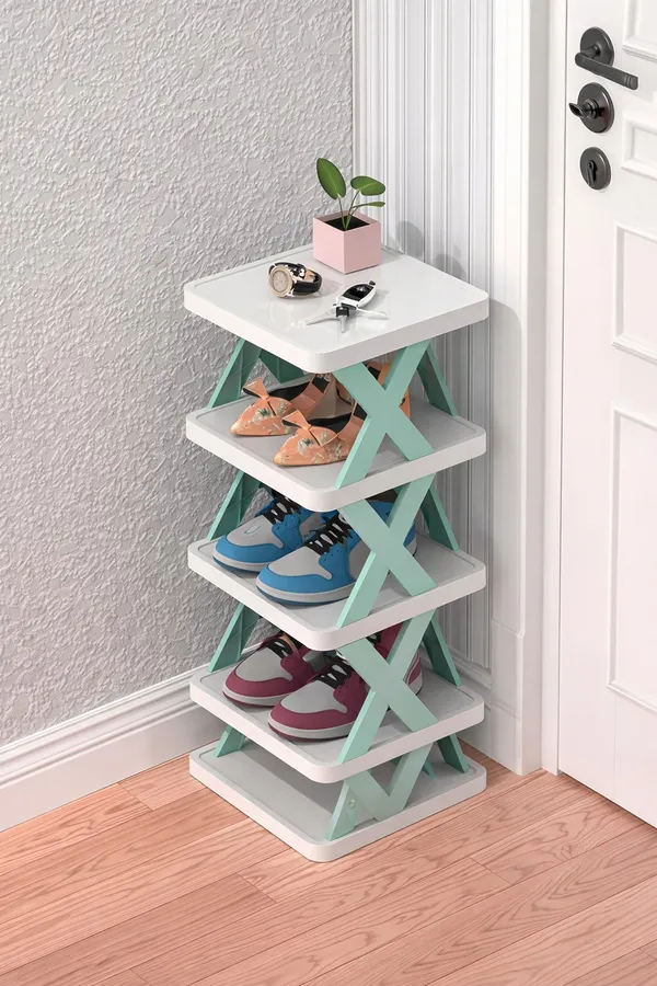 White_And_Green_4_Tier_Shoe_Rack_With_Modern_Geometric_Design
