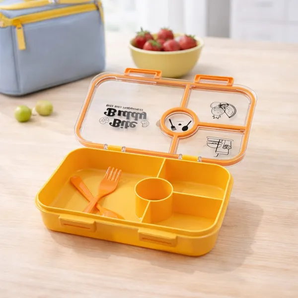 Yellow_4_Compartment_Food_Container_Lunch_Box_With_Fork_And_Spoon