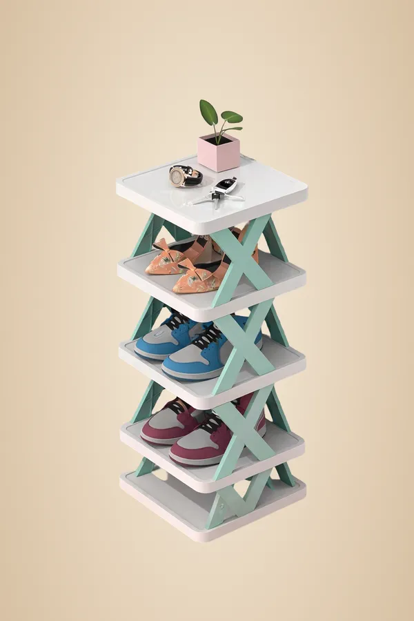 White_And_Green_4_Tier_Shoe_Rack_With_Modern_Geometric_Design