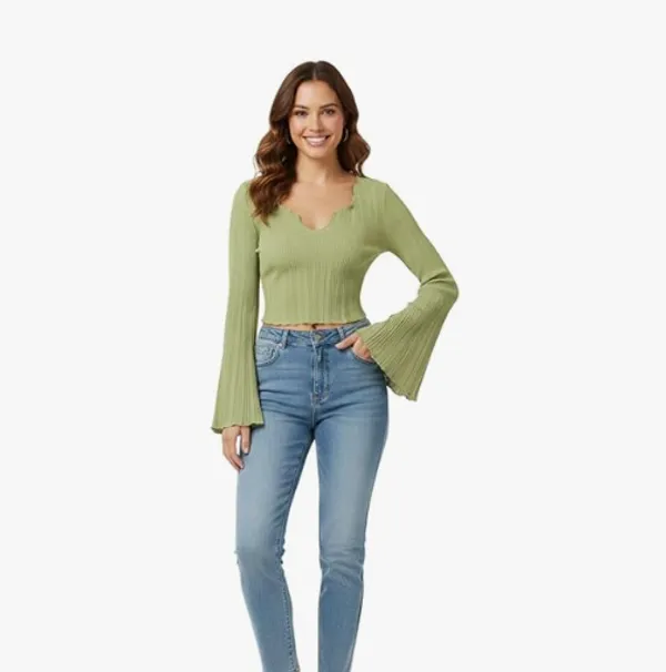 Olive_Green_Polyester_V_Neck_Notched_Ribbed_Crop_Top_Sretchable_Polyester_Long_Flared_Sleeve_Blouse_Trendy_Slim_Fit_Casual_Top_For_Women
