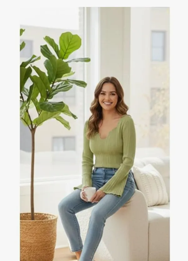 Olive_Green_Polyester_V_Neck_Notched_Ribbed_Crop_Top_Sretchable_Polyester_Long_Flared_Sleeve_Blouse_Trendy_Slim_Fit_Casual_Top_For_Women