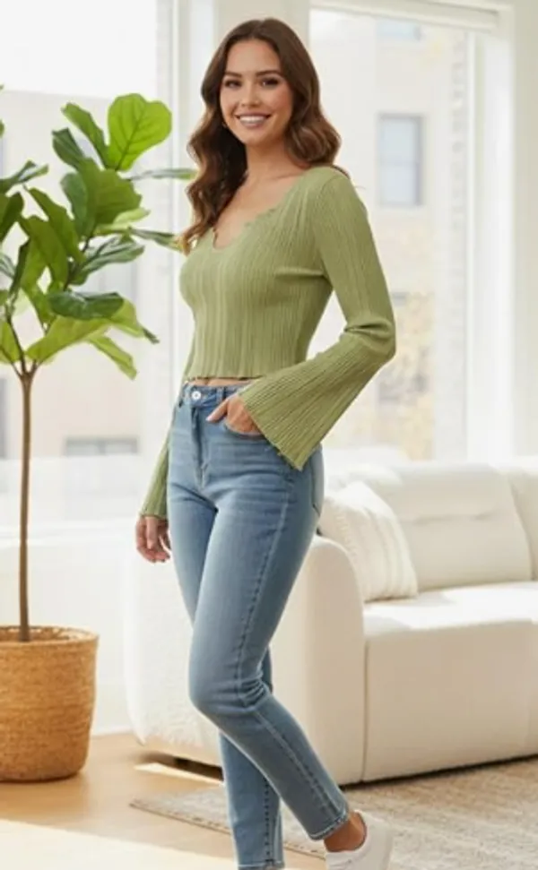 Olive_Green_Polyester_V_Neck_Notched_Ribbed_Crop_Top_Sretchable_Polyester_Long_Flared_Sleeve_Blouse_Trendy_Slim_Fit_Casual_Top_For_Women
