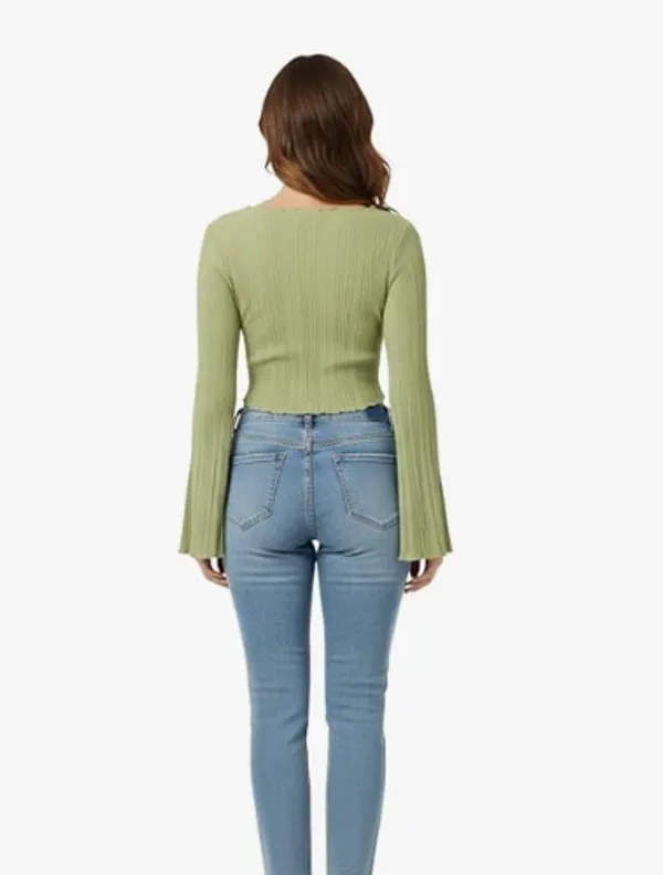Olive_Green_Polyester_V_Neck_Notched_Ribbed_Crop_Top_Sretchable_Polyester_Long_Flared_Sleeve_Blouse_Trendy_Slim_Fit_Casual_Top_For_Women